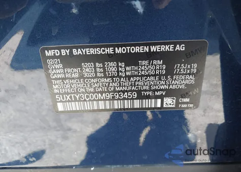 2021 BMW X3 Sdrive30I z USA, uszkodzony, nr VIN 5UXTY3C00M9F93459